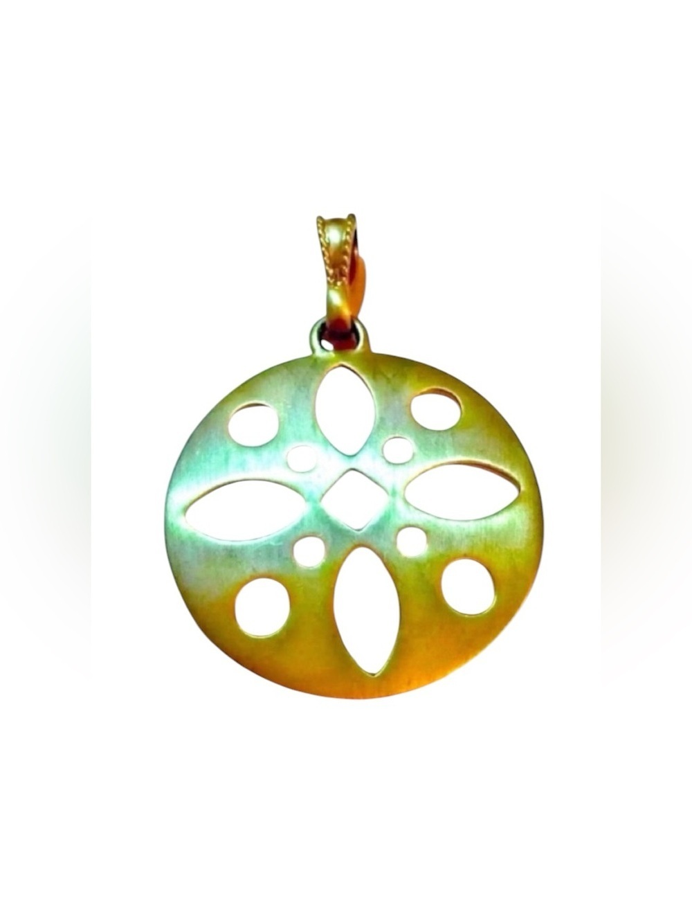 ROUND GOLD PENDANT Vintage 2” Circular Brushed Metal Finish Flower Cutout Design